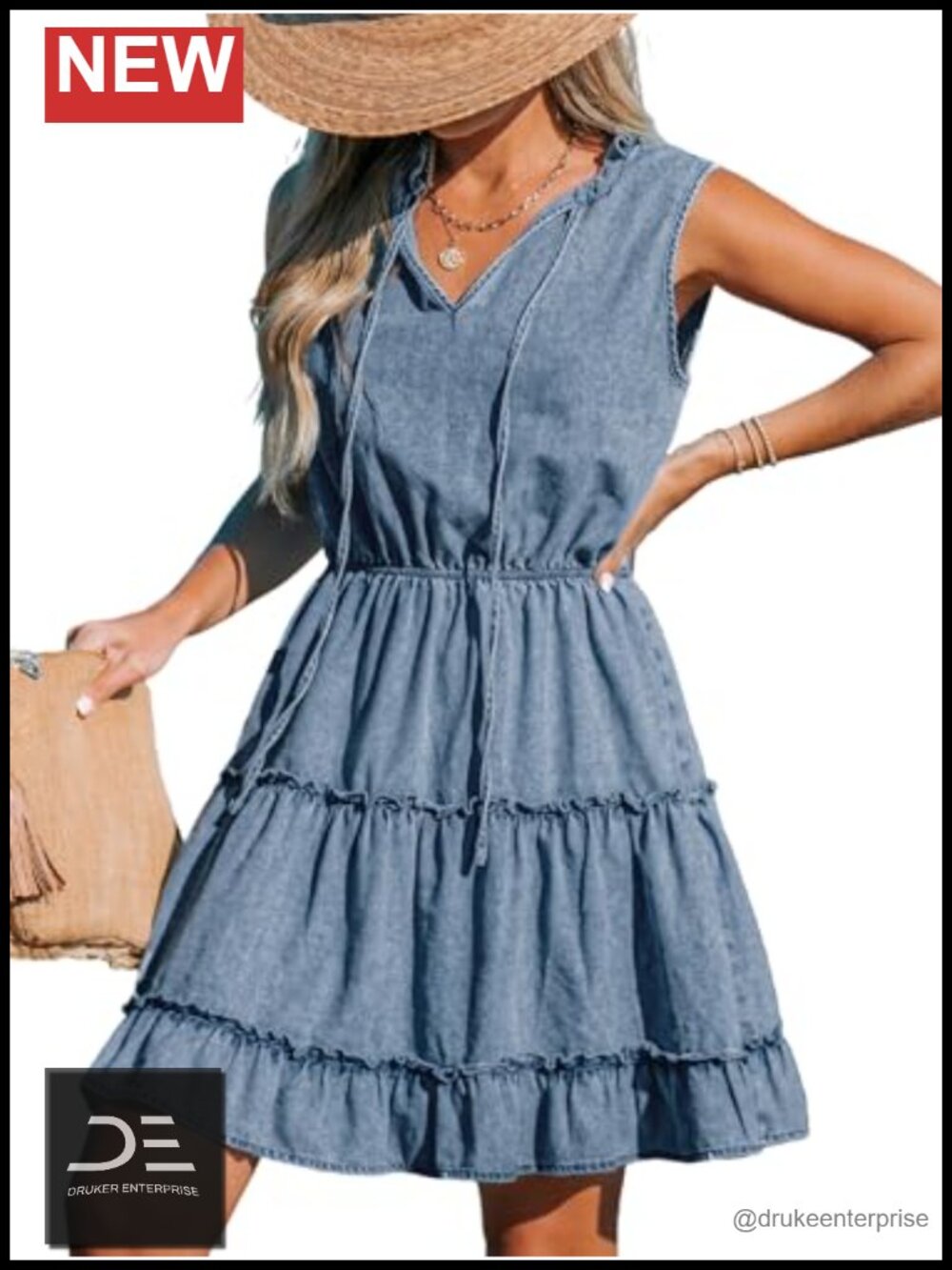 CUPSHE Womens Split V Neck Ruffled Sleeveless Denim Tiered Mini Dress
